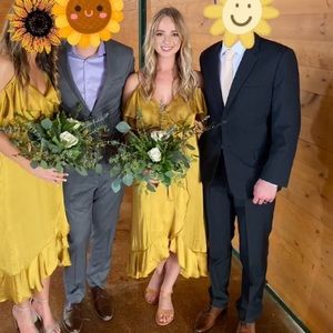 Mustard Silk Wrap Dress, off the shoulder w/ strap